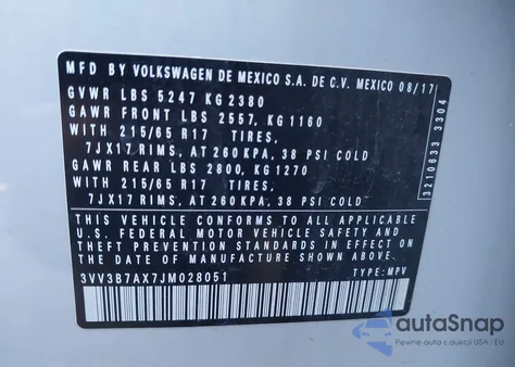 2018 Volkswagen Tiguan 2.0T Se/2.0T Sel from USA, damaged, VIN 3VV3B7AX7JM028051